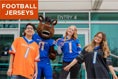 Mobile image of Buster Bronco and three people in jerseys. Tap to shop Boise State jerseys.